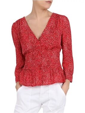 ba&sh Red Speckled V-Neck Long Sleeve Blouse